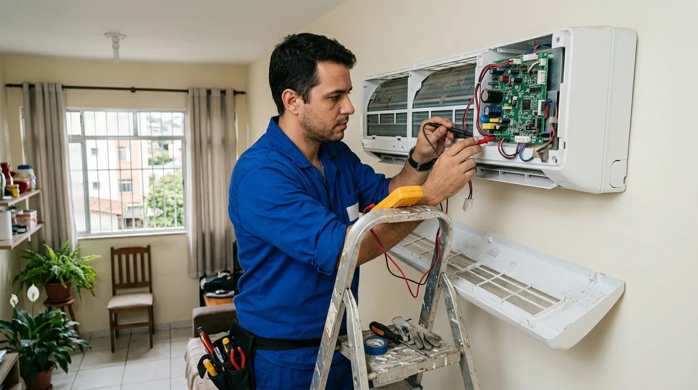 Eletricista ligando a placa do ar-condicionado split em São Carlos‑SP